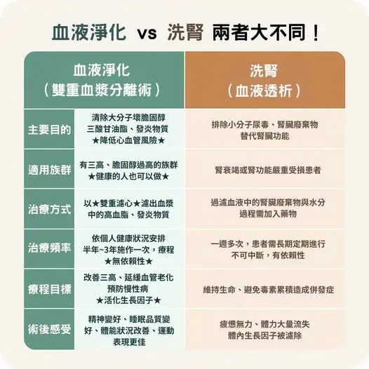 血液淨化 vs 洗腎兩者大不同比較表：主要目的、適用族群、治療方式、治療頻率、療程目標、術後感受